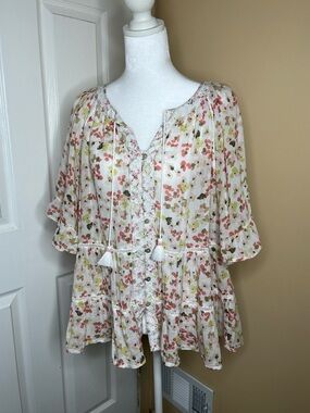 J. Jill Floral Tassel Peasant Blouse with Watercolor Floral Print Size M